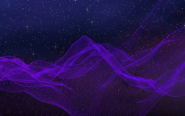 Karanlık bir arka planda soyut ultraviyole manzara. Mor siber uzay şebekesi. Merhaba teknoloji ağı. Uzay boşluğu. Mor yıldızlı uzay dokusu. 3B illüstrasyon