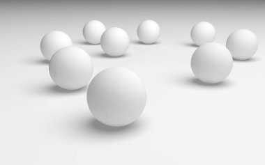 Beyaz soyut arka plan. Beyaz toplar beyaz arka planda izole edilmiş. 3B illüstrasyon