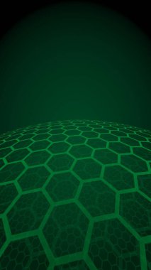 Çok katmanlı petek küresi, koyu arka planda yeşil, sosyal ağ, bilgisayar ağı, teknoloji, küresel ağ. 3d illüstrasyon