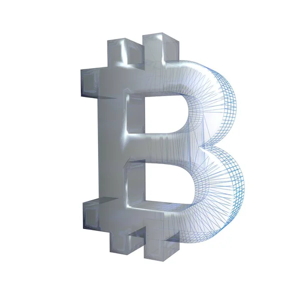 Bitcoin Sign Platinum Silver Turns Blue Grid White Background Illustration — Stock Photo, Image