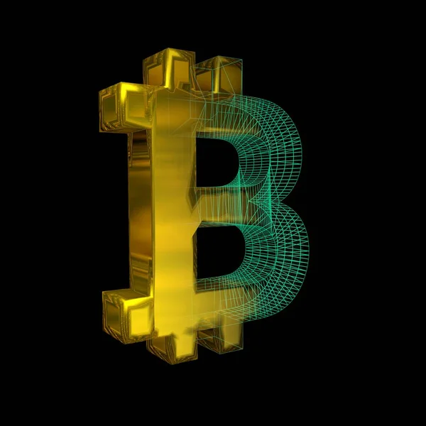 Signo Bitcoin Cuadrícula Verde Convierte Oro Sobre Fondo Negro Ilustración — Foto de Stock