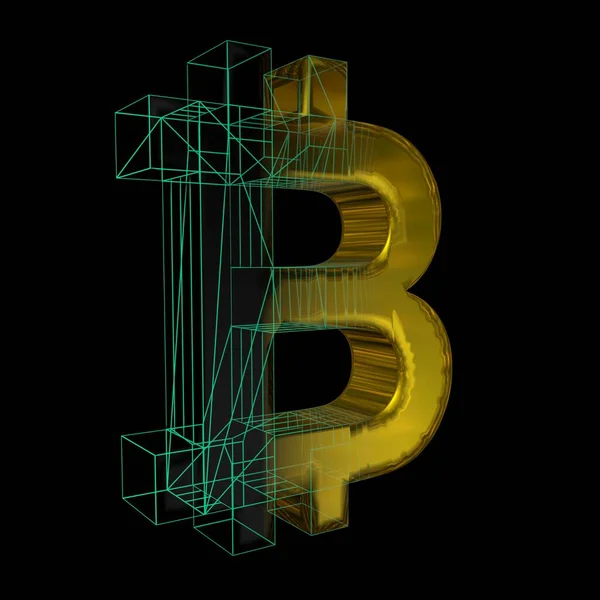 Signo Bitcoin Cuadrícula Verde Convierte Oro Sobre Fondo Negro Ilustración — Foto de Stock