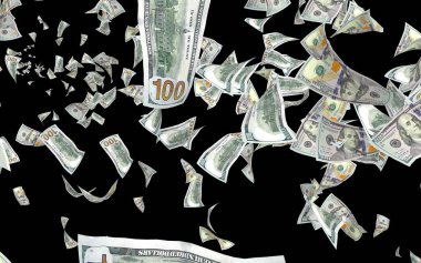 Dolar banknotlar uçan koyu arka plan üzerinde izole. Para havada uçuyor. 100 ABD banknotlar yeni örnek. 3D çizim