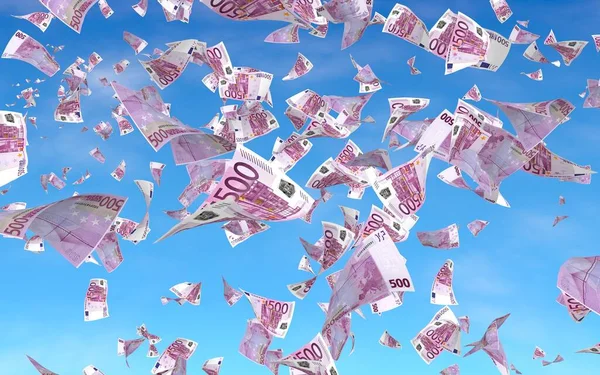 Arka planda Avro banknotları uçurmak. Havada para uçuyor. 500 EURO renkli. 3B illüstrasyon
