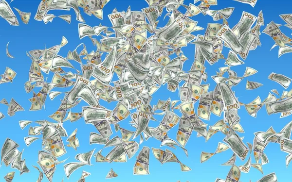 在蓝色背景上隔离的飞元钞票 钱在空中飞舞 100 钞票新样品 — 图库照片