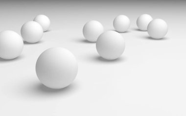 Beyaz soyut arka plan. Beyaz toplar beyaz arka planda izole edilmiş. 3B illüstrasyon