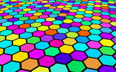 Petek çok renkli. Çokgen in perspektif görünümü petek gibi görünüyor. Biyometrik geometri. 3d illüstrasyon