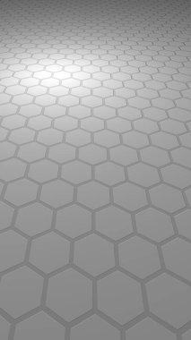 Gri arka plandaki petek. Çokgen in perspektif görünümü petek gibi görünüyor. Ekstrüde, yumru hücresi. Biyometrik geometri. Dikey görüntü yönlendirmesi. 3d illüstrasyon