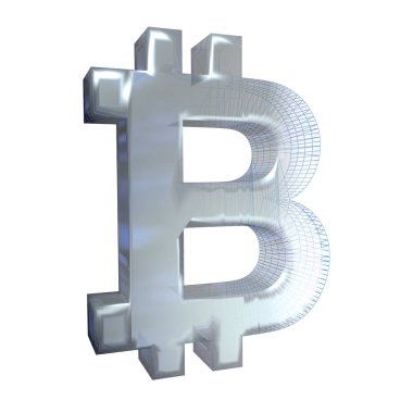 Bitcoin işareti, platin veya gümüş beyaz bir arka plan üzerinde mavi bir ızgara dönüşür. 3d illüstrasyon