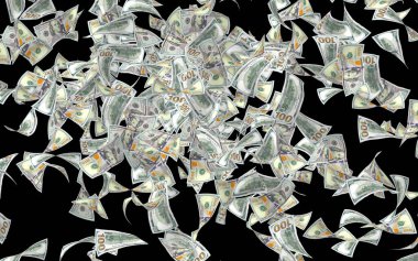 Dolar banknotlar uçan koyu arka plan üzerinde izole. Para havada uçuyor. 100 ABD banknotlar yeni örnek. 3D çizim