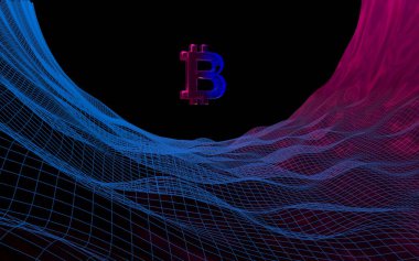 Soyut karanlık arka planda dijital para birimi sembolü Bitcoin. Kripto para piyasasının büyümesi. İş, finans ve teknoloji konsepti. 3d illüstrasyon