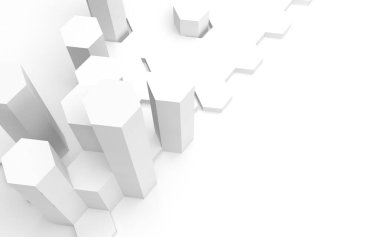 Bal peteği olan beyaz soyut bir arkaplan. Altıgen çubukları beyaz arkaplanda izole edilmiş. 3B illüstrasyon