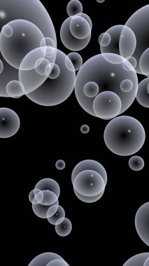 Karanlık arka plan ve aydınlık kabarcıklar. Duvar kağıdı, balonlu doku. 3B illüstrasyon