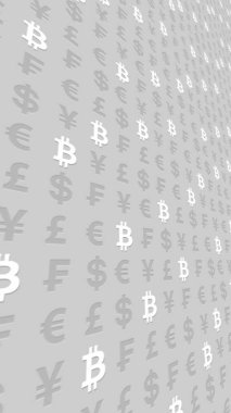 Gri arka planda Bitcoin ve para birimi. Dijital kripto para birimi sembolü. İş konsepti. Piyasa görüntüsü. 3B illüstrasyon