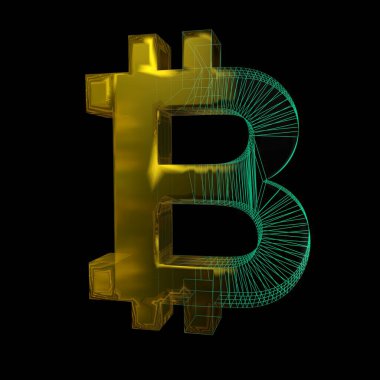 Bitcoin işareti, yeşil şebeke siyah arka planda altına dönüşür. 3B illüstrasyon
