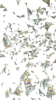 Uçan paralar beyaz arka planda izole edilmiş. Havada para uçuyor. 100 Amerikan doları yeni numune alıyor. 3B illüstrasyon