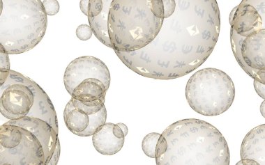 Ethereum ekonomik mali balonu. kripto para birimi 3d illüstrasyon. İş konsepti. Beyaz arka planda altın kabarcıklar