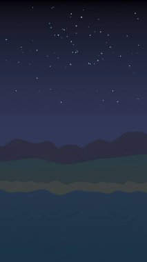 Yıldızlı aysız gökyüzü. Sahilde dalgalarla okyanus kıyısı. Dalgalar ile Ada plaj cenneti. Tatil, yaz, rahatlama. Deniz manzarası, deniz kıyısı. Minimalist manzara, ilkellik. 3d illüstrasyon