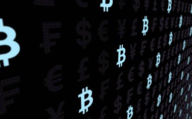 Bitcoin ve para koyu bir arka plan üzerinde. Dijital kripto para birimi sembolü. İş konsepti. Piyasa Ekranı. 3d illüstrasyon