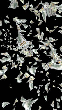 Dolar banknotlar uçan koyu arka plan üzerinde izole. Para havada uçuyor. 100 ABD banknotlar yeni örnek. 3D çizim