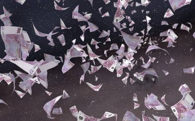 Uzay yıldızlı arka planda euro banknotları uçurmak. Uzayda para uçuyor. 500 EURO renkli. 3B illüstrasyon