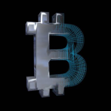 Bitcoin işareti, platin veya gümüş siyah bir arka plan üzerinde mavi bir ızgara dönüşür. 3d illüstrasyon