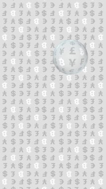 Gri arka planda Bitcoin ve para birimi. Dijital kripto para birimi sembolü. İş konsepti. Piyasa görüntüsü. 3B illüstrasyon