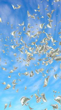 Gökyüzü nün arka planına karşı uçan dolar banknotları. Havada para uçuşuyor. 100 Abd banknotlar yeni örnek. 3d illüstrasyon