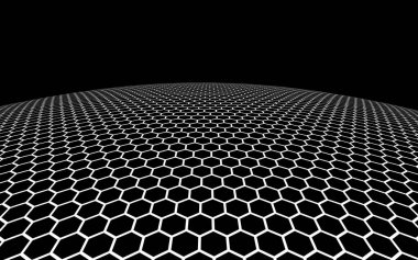 Koyu arkaplanda koyu bir bal peteği. Çokgenin perspektif görüntüsü bal peteğine benziyor. Top, gezegen, ağ, bal peteği ve hücrelerle kaplı. 3B illüstrasyon