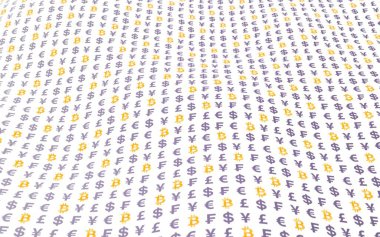 Beyaz arka planda Bitcoin ve para birimi. Dijital kripto para birimi sembolü. Dalga etkisi, döviz piyasası dalgalanmaları. İş konsepti. 3B illüstrasyon