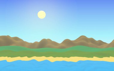 Sun Sea Sahili. Öğlen. Sahilde dalgalar olan okyanus kıyısı hattı. Dalgalı ada plajı cenneti. Tatil, yaz tatili, dinlenme. Deniz manzaralı, deniz manzaralı. Minimalist manzara, ilkellik. 3B illüstrasyon