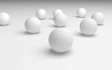 Beyaz soyut arka plan. Beyaz toplar beyaz arka planda izole edilmiş. 3B illüstrasyon