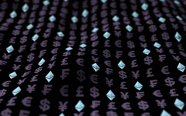 Ätherkristall Und Währung Auf Dunklem Hintergrund Symbol Für Die Digitale — Stockfoto