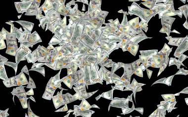 Dolar banknotlar uçan koyu arka plan üzerinde izole. Para havada uçuyor. 100 ABD banknotlar yeni örnek. 3D çizim