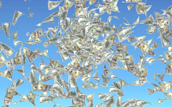 Літаючі Долари Банкноти Ізольовані Синьому Фоні Гроші Літають Повітрі 100 — стокове фото