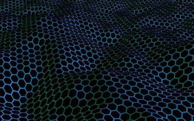 Petek mavi dalga etkisi koyu bir arka plan üzerinde. Çokgen in perspektif görünümü petek gibi görünüyor. Biyometrik geometri. 3d illüstrasyon