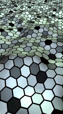 Değişken renkte bir bal peteği. Çokgenin perspektif görüntüsü bal peteğine benziyor. Dalgalı yüzey. İzometrik geometri. 3B illüstrasyon