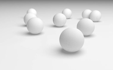 Beyaz soyut arka plan. Beyaz toplar beyaz arka planda izole edilmiş. 3B illüstrasyon