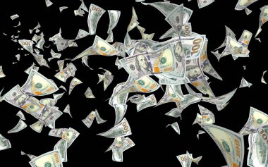 Dolar banknotlar uçan koyu arka plan üzerinde izole. Para havada uçuyor. 100 ABD banknotlar yeni örnek. 3D çizim