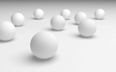 Beyaz soyut arka plan. Beyaz toplar beyaz arka planda izole edilmiş. 3B illüstrasyon