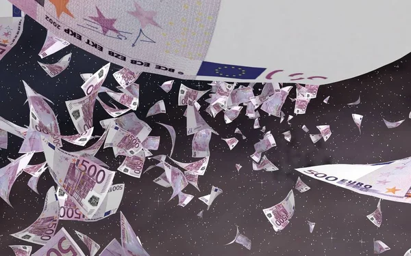Repülő Eurobankjegyek Világűrben Csillagos Háttérrel Pénz Repül Világűrben 500 Euro — Stock Fotó