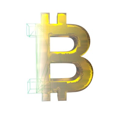 Bitcoin işareti, yeşil şebeke beyaz arka planda altına dönüşür. 3B illüstrasyon