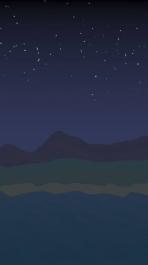 Yıldızlı aysız gökyüzü. Sahilde dalgalarla okyanus kıyısı. Dalgalar ile Ada plaj cenneti. Tatil, yaz, rahatlama. Deniz manzarası, deniz kıyısı. Minimalist manzara, ilkellik. 3d illüstrasyon