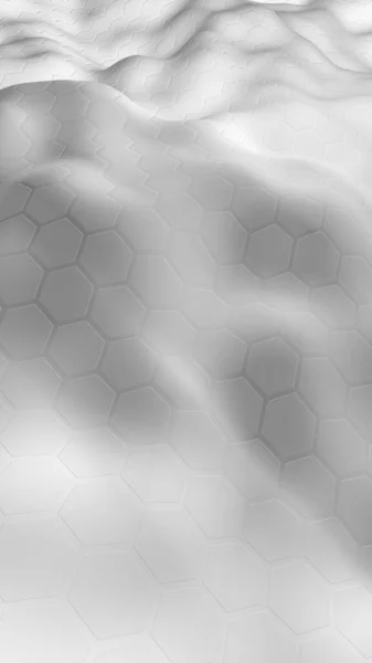 Açık arka planda degrade rengi olan beyaz petek. Çokgen in perspektif görünümü petek gibi görünüyor. Dalgalı yüzey. Biyometrik geometri. 3d illüstrasyon