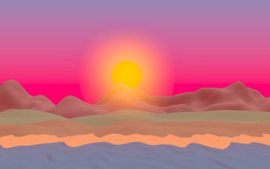 Sun Sea Beach. Sunrise. Sahilde dalgalarla okyanus kıyısı. Dalgalar ile Ada plaj cenneti. Tatil, yaz, rahatlama. Deniz manzarası, deniz kıyısı. Minimalist manzara, ilkellik. 3d illüstrasyon
