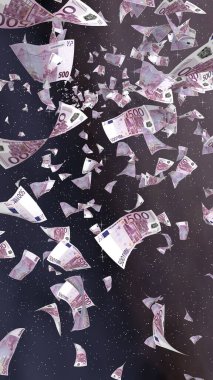 Uzay yıldızlı arka planda euro banknotları uçurmak. Uzayda para uçuyor. 500 EURO renkli. Dikey oryantasyon. 3B illüstrasyon