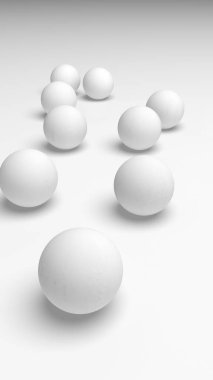 Beyaz soyut arka plan. Beyaz toplar beyaz arka planda izole edilmiş. 3B illüstrasyon
