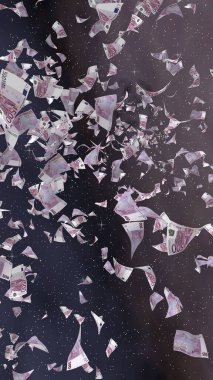 Uzay yıldızlı arka planda euro banknotları uçurmak. Uzayda para uçuyor. 500 EURO renkli. Dikey oryantasyon. 3B illüstrasyon