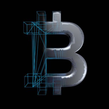 Bitcoin işareti, platin veya gümüş siyah bir arka plan üzerinde mavi bir ızgara dönüşür. 3d illüstrasyon