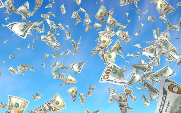 Flying Dollars Bankbiljetten Tegen Hemel Achtergrond Geld Vliegt Lucht 100 — Stockfoto
